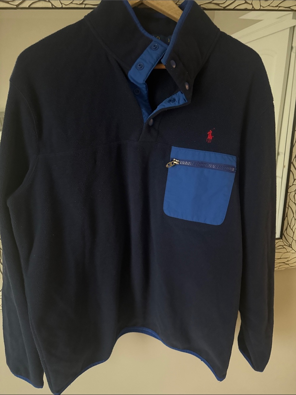 Ralph Lauren Navy Fleece Pullover with Contrast Blue Pocket size L